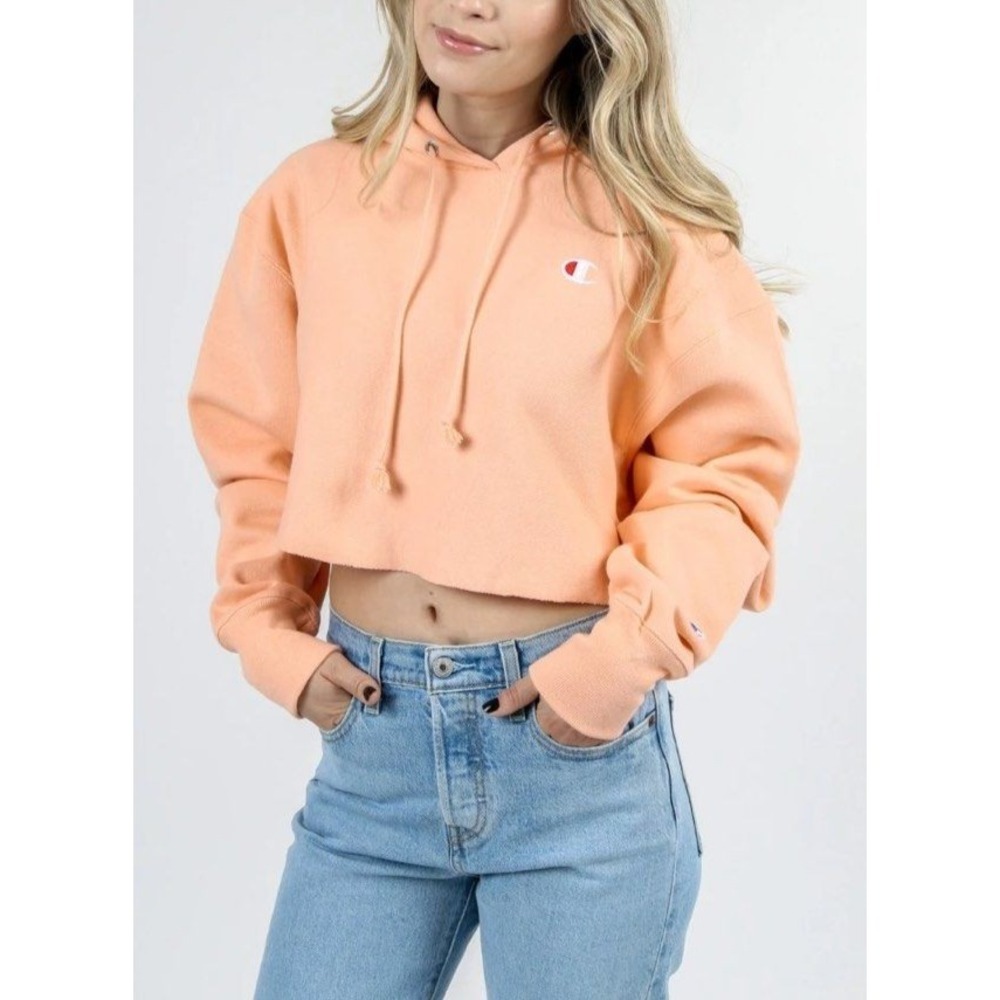 NWT Champion Reverse Weave Cropped Cut Off Hoodie Sweatshirt Peach XS Oversized - Picture 1 of 9